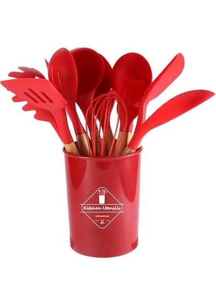 Premium Silikon Mutfak Gereçleri Seti, Kaliteli Ahşap Saplı, 11 Parça, Standlı (Kırmızı) fiyatları