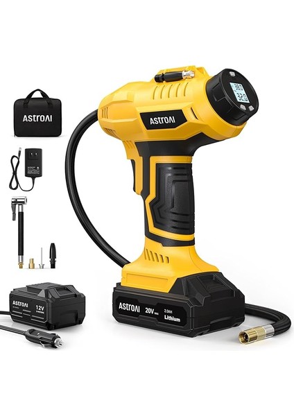 2'si 1 Arada Metal Silindir Hava Kompresörü, 20V Pil ve 12V Araç Güç Kaynağı, Motosiklet, Araba ve Bisiklet Için 160 Psı Taşınabilir Akülü Elektrikli Kompresör