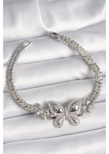 Pirinç Gümüş Renk Zirkon Taşlı Kadın Bileklik