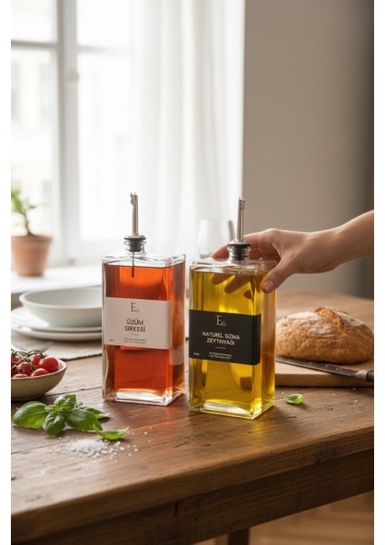 2'li Kare Formlu 750ML. Cam Yağdanlık ve Sirkelik Seti (Özel 4 Etiket Hediyeli)