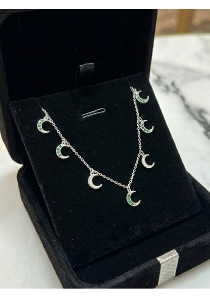 Gümüş 925 Ayar Ay Figürlü Yeşil Zirkon Taşlı Kadın Kolye modelleri