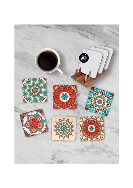 (PSTER21257) Etnik Mandala Desenli Standlı Ahşap Bardak Altlığı Seti, 6 Adet Baskılı Bardak Fincan Kahve Altlığı