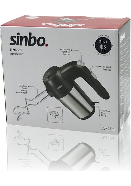 El Mikseri 2in1= Karışıtma - Çırpma Aparatı 5 Kademe Hız Ayarı Paslanmaz Çelik Gövde 200W SMX-2774 (5256)