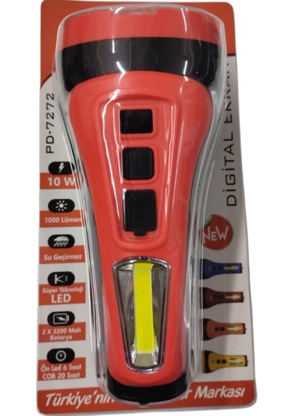 PD-7272 Profesyonel El Feneri | 10W – 1000 Lümen – 6400 Mah – Powerbank Özellikli & Cob LED Aydınlatma