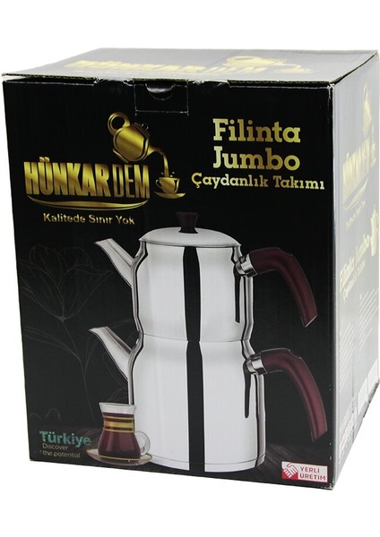 Filinta Jumbo Boy Çelik Çaydanlık Seti Çift Kapaklı Renkli Bakalit Kulp Üst Demlik: 2lt - Alt Suluk: 4lt Kendinden Süzgeçli (5256)