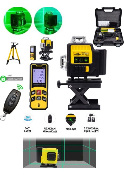 12 Yönlü Lazer Terazi Lazer Metre Seti Cizgi Hizalama Kumandalı Tripotlu
