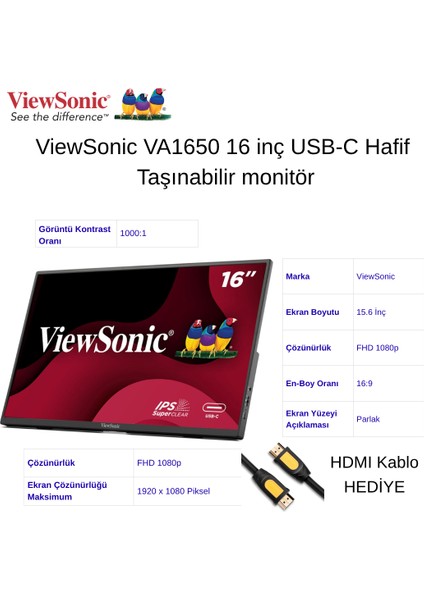 VA1650 16 Inç Usb-C Hafif Taşınabilir IPS Monitör+Hdmı Kablo Hediye