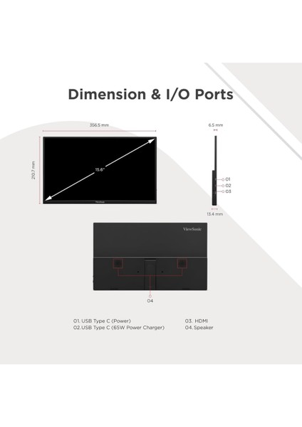 VA1650 16 Inç Usb-C Hafif Taşınabilir IPS Monitör+Hdmı Kablo Hediye