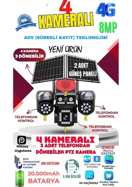 AV-S446 4 Kameralı (3 Motorlu+ 1 Sabit) 8mp E Sim 4g Sim Kartlı Ptz Kamera | Gece Renkli Görüş Krnteknoloji