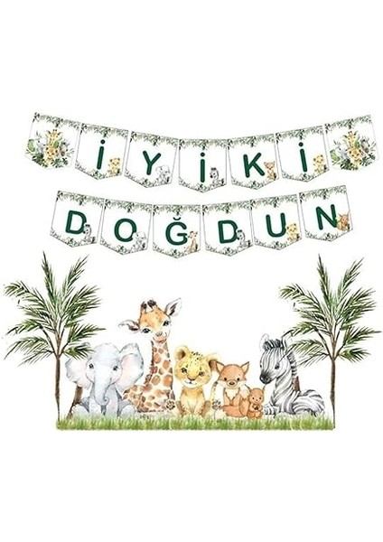 Hediye Sepeti Iyi Ki Doğdun Yazısı Doğum Günü Banner, Safari Konsept Temalı Flama, Baby Animal