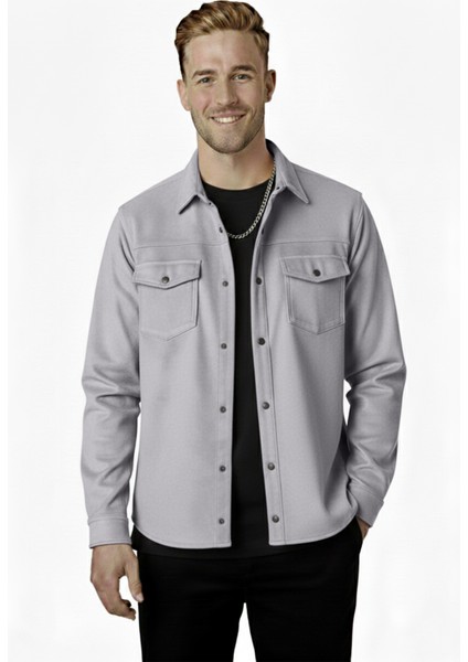 Erkek Gri Kırışmayan Süet Kumaş Çıtçıtlı Cepli Slim Fit Mevsimlik Gömlek 2302329