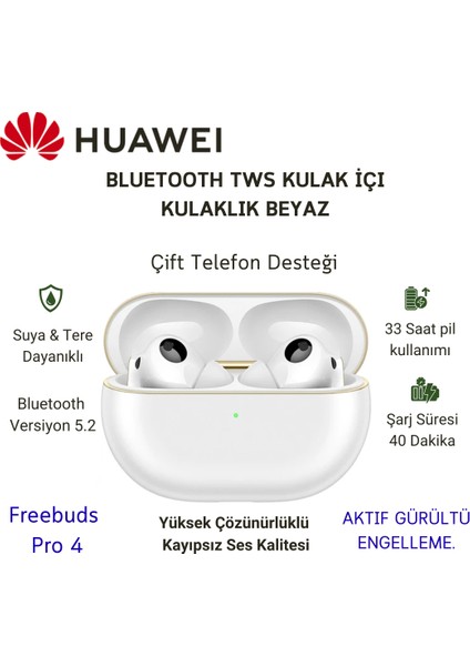 Çift Telefon Desteği ,suya ve Tere Dayanıklı Freebuds Pro 4 Anc Tws Beyaz Kulak Içi Bluetooth Kulaklık