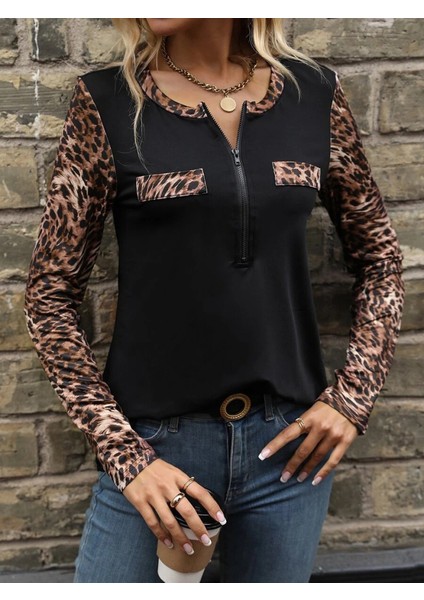 Kadın Uzun Kollu Önden Fermuarlı Cepli Leopar Detaylı Viskon indirimleri
