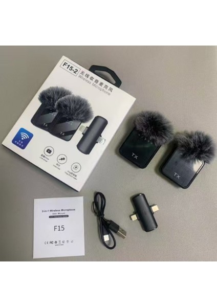 F15-2 Kablosuz Yaka Mikrofonu, Vlog Video Kayıt Röportaj Yayın Android ve Ios ile Uyumlu