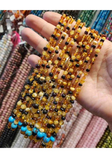 %100 Orijinal Iran Nişabur Firuze Taş Tasarımlı Damla Kehribar Çocuk Kolyesi