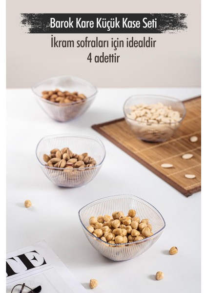 Akrilik Barok Şeffaf Kare 4'lü Küçük Kase Seti & Çerezlik & Sunumluk & Ikramlık (Cam Değildir) 6763DP4