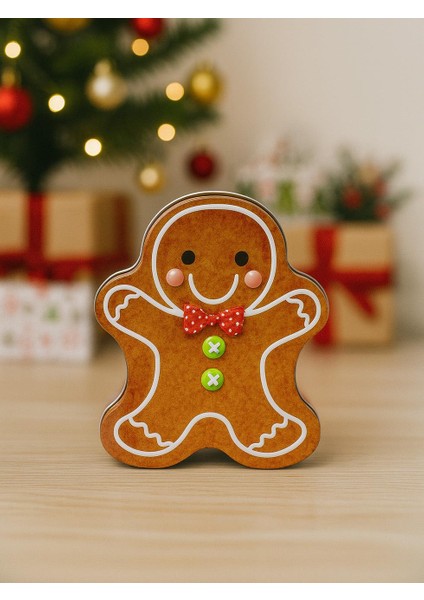 Yılbaşı Temalı Kurabiye Adam Figürlü Metal Kutu Hediye ve Saklama Kutusu 13 cm