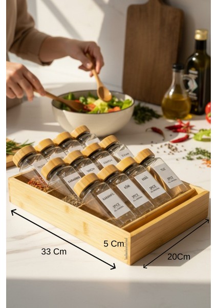 3 Katlı Özel Bambu Standlı 12 Adet Bambu Kapaklı Cam Baharatlık Seti(32 Etiket Hediyeli)