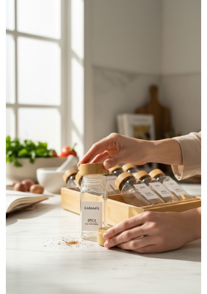 3 Katlı Özel Bambu Standlı 12 Adet Bambu Kapaklı Cam Baharatlık Seti(32 Etiket Hediyeli) fiyatları