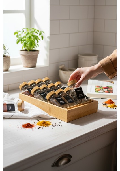 3 Katlı Özel Bambu Standlı 12 Adet Bambu Kapaklı Cam Baharatlık Seti(32 Etiket Hediyeli) modelleri