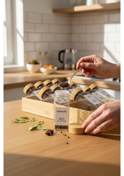 3 Katlı Özel Bambu Standlı 12 Adet Bambu Kapaklı Cam Baharatlık Seti(32 Etiket Hediyeli) fırsatları