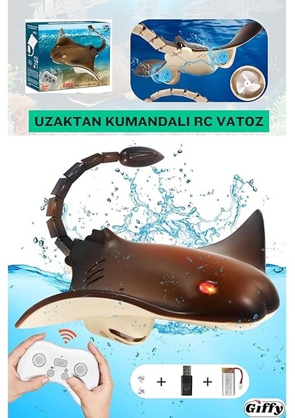 Kumandalı Vatoz Balığı Su Geçirmez Şarjlı Işıklı Hareketli Kuyruk Full Fonksiyon Hareketli, Havuz Oyuncakları, 2.4g Yüksek Simülasyonlu Vatoz Sualtı Hayvan Su fiyatları