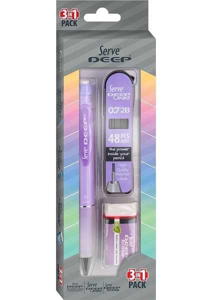 Deep Versatil Kalem, Silgi ve Kalem Ucu 0,7mm 3'lü Set - Lavanta