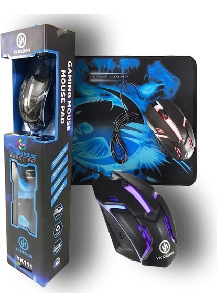 Oyuncu Mouse + Mouse Pad Set, Yüksek Kalite, Rgb Işıklı Gaming Mouse ve 30X24CM Desenli Oyuncu Mousepad (Mavi)