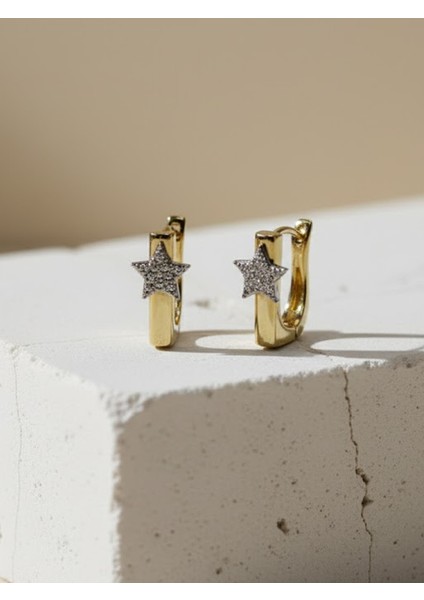 Modern Minimalist Yıldız Detaylı Kalın Altın Halka Küpe modelleri