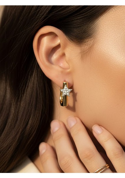 Modern Minimalist Yıldız Detaylı Kalın Altın Halka Küpe fırsatları