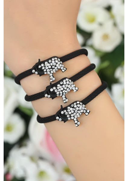 Siyah Zirkon Taşlı Fil Aksesuarlı Metal Bayan Bileklik