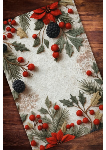 The Reef Kokina Çiçekli Yeni Yıl Temalı Krem Renkli Halı Dijital Baskılı Dokuma Kaymaz Tabanlı Yıkanır Yılbaşı Halısı modelleri