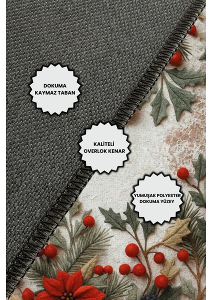 The Reef Kokina Çiçekli Yeni Yıl Temalı Krem Renkli Halı Dijital Baskılı Dokuma Kaymaz Tabanlı Yıkanır Yılbaşı Halısı indirimleri