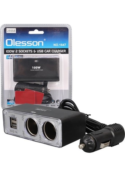 Olesson 1647 12-24V Çift USB Girişli 100W 70CM Kablolu 2'li Araç Çakmak Çoklayıcı