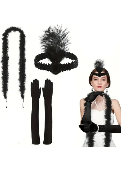 1920 Ler Tarzı Siyah Tüylü Saç Bandı Rugan Siyah Eldiven ve Siyah Otri̇ş Seti