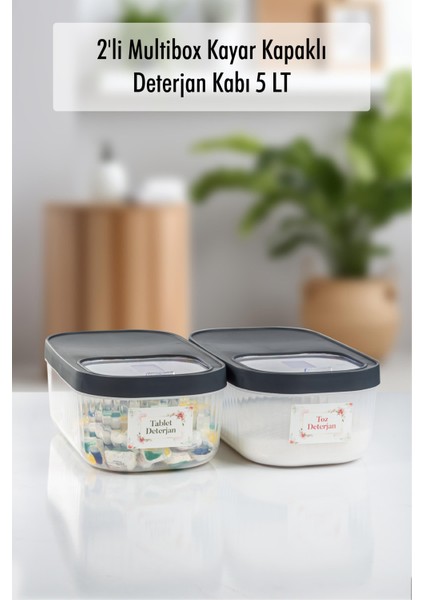 2'li 5 Lt Multibox Kayar Kapaklı Saklama Kabı & Erzak Kabı & Toz ve Tablet Deterjan Kutusu ( Eti̇ket