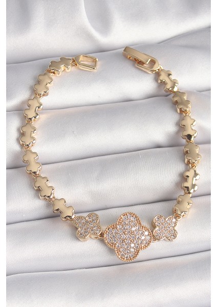 Pirinç Renk Zirkon Taşlı Yonca Zincir Kadın Bileklik