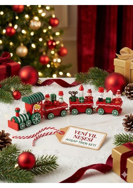 Ahşap Yılbaşı Tren Seti – 4 Figürlü Noel Dekoratif Mini Tren