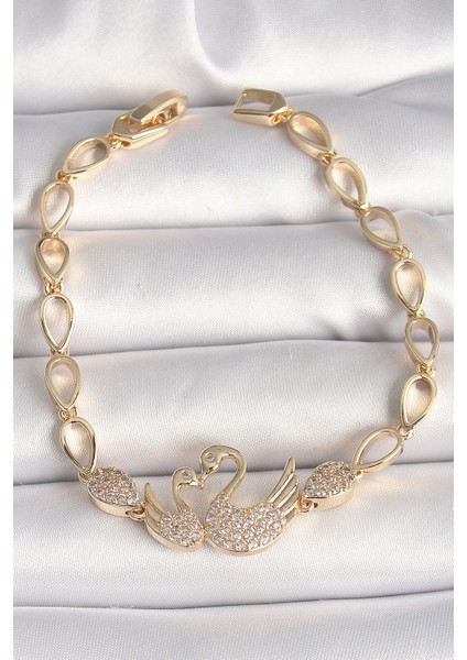 Pirinç Renk Zirkon Taşlı Kuğu Figür Damla Zincir Kadın Bileklik