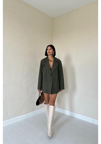 Haki Çizgili Oversize Ceket