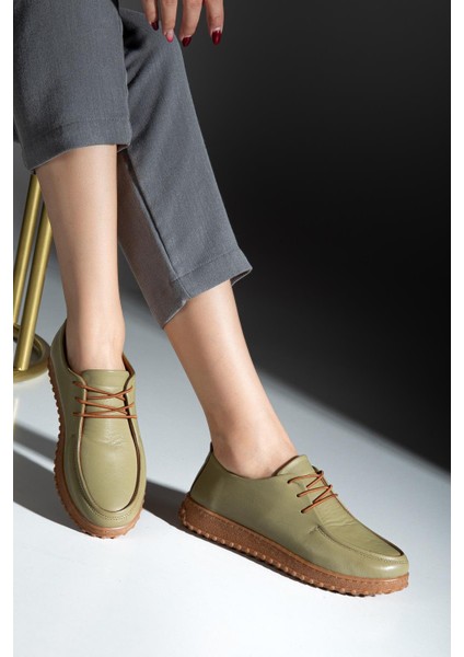 Kadın Haki Yeşil Hakiki Deri Yumuşak Tasarım Ortopedik Hafif Oxford Casual Ayakkabı