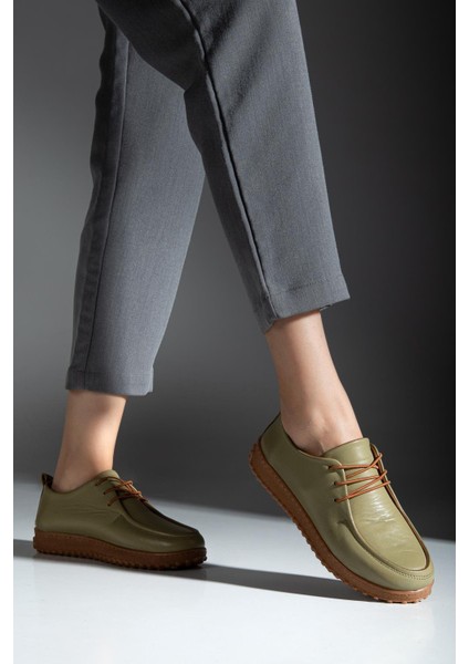 Kadın Haki Yeşil Hakiki Deri Yumuşak Tasarım Ortopedik Hafif Oxford Casual Ayakkabı fiyatları