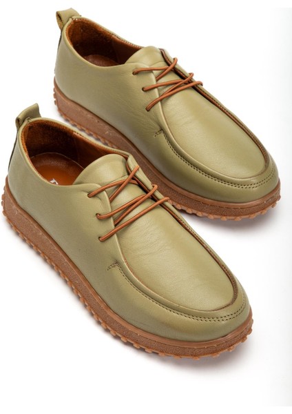 Kadın Haki Yeşil Hakiki Deri Yumuşak Tasarım Ortopedik Hafif Oxford Casual Ayakkabı indirimleri