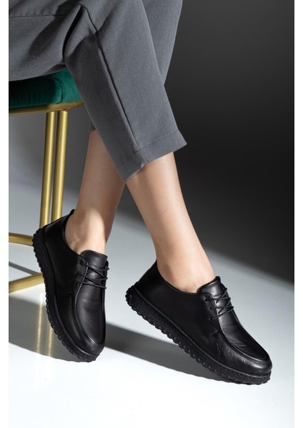 Kadın Siyah Hakiki Deri Yumuşak Tasarım Ortopedik Hafif Oxford Casual Ayakkabı