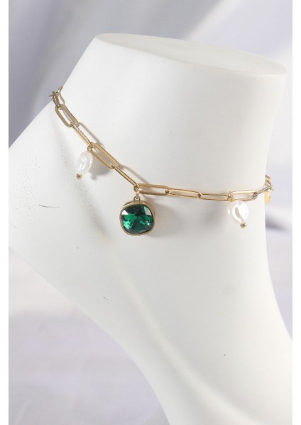 316L Çelik Renk Zümrüt Taş Tasarımlı Halhal