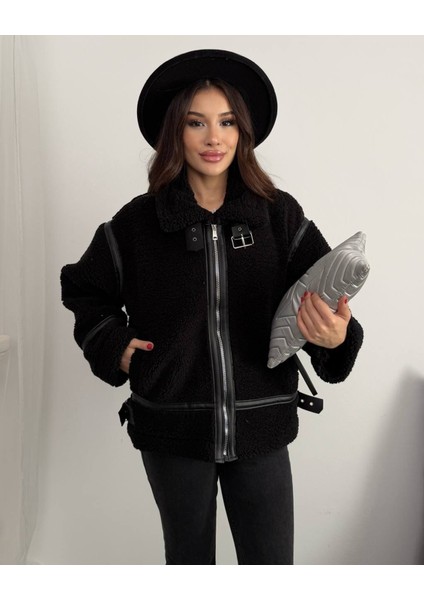 Deri Detaylı Premium Peluş Mont modelleri