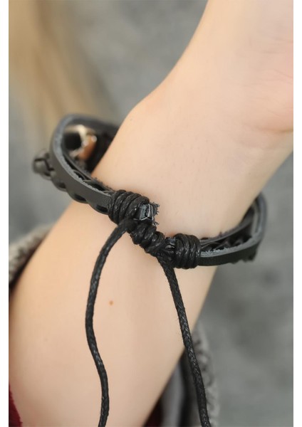 Siyah Renk Elif Vav Tasarım Çoklu Deri Bayan Bileklik fiyatları