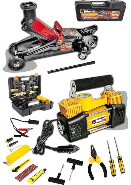 Germany Stlye 2 Ton Timsah Kriko ve 150 Psı Çift Piston Çakmaklı Kompresör Lastik Tamir Kiti Hediyeli