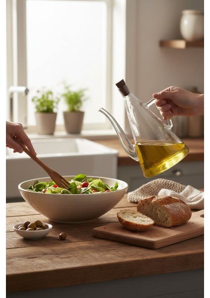 500ML. Mantar Kapaklı Şeffaf Cam Yağdanlık Borosilikat Cam Zeytinyağı ve Sirkelik Şişesi