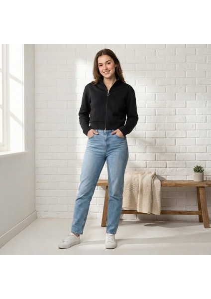 Scuba Kumaş Uzun Kollu Fermuarlı Crop Spor Ceket | Siyah fiyatları